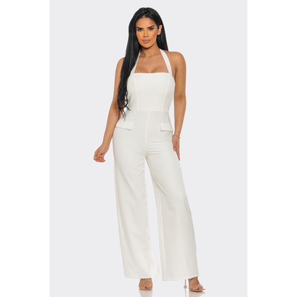 Jumpsuit Womens S White Halter Wide Leg Faux Pockets